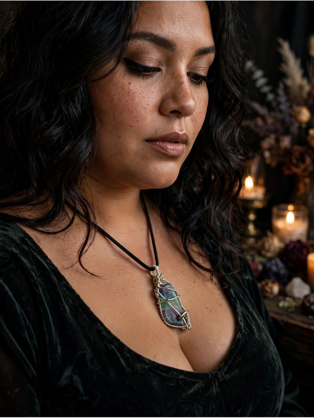 Handcrafted Wire-Wrapped FluoriteCrystal Pendant Necklace with Black Cord